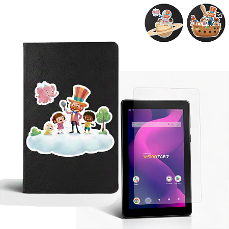 Kit Infantil Tablet Vision Tab 7 Capa Giratória Estampada e Película