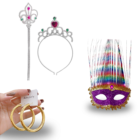 Kit Carnaval Feminino - Coroa, Máscara, Varinha e Acessórios