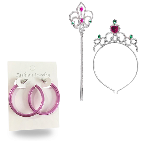 Kit Carnaval Princesa – Coroa, Varinha e Brinco com Brilho