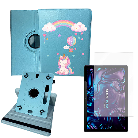 Capa Giratória Personalizado Unicórnio Infantil p/Tablet Vision Tab 10 Película Hidrogel