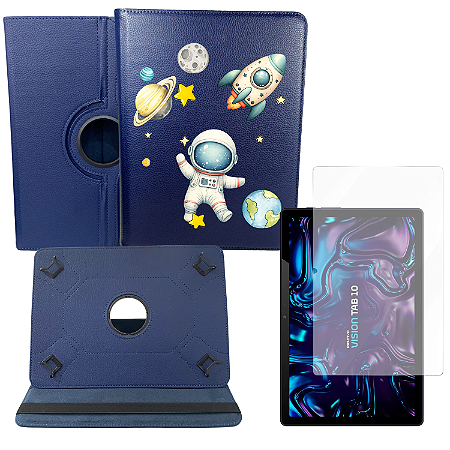 Capa Giratória Astronauta Infantil + Película Hidrogel p/ Tablet Vision Tab 10