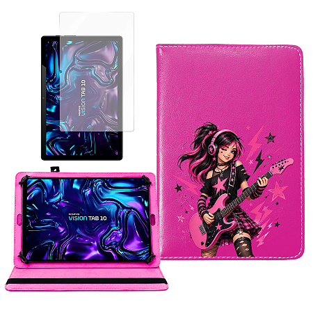 Capa Giratória Menina Música Infantil p/ Vision Tab 10 T3010 + Película Hidrogel