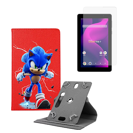 Kit Capa Giratória Personalizada Sonic + Película p/ Tablet Positivo Vision Tab 7