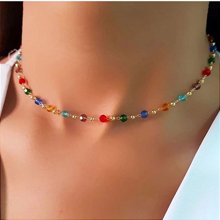 Choker Summer Colorida - Dourada - Antialérgico