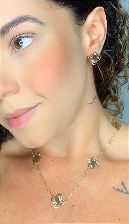 Conjunto Brinco e Colar Trevo - Dourado - Antialérgico