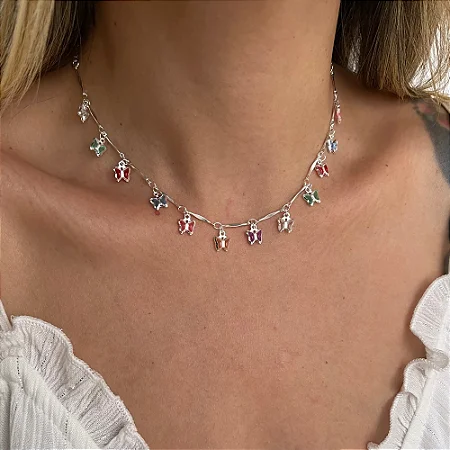 Choker Borboletas Color - Banho Prata 925
