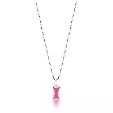 Colar de Prata Ponto de Luz Retângulo - Quartzo Rosa - 40 cm