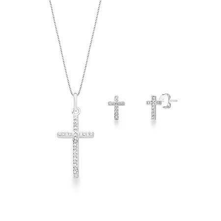 Conjunto Colar e Brinco de Cruz Cravejada de Prata