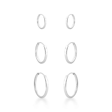 Kit Brinco Trio Argolinhas de Prata Lisa