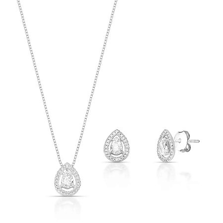 Conjunto Colar e Brinco Gota com Moldura de Prata