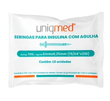 SERINGA FIXA PARA INSULINA UNIQMED 1ML 6MM X 31G - 10 Unidades