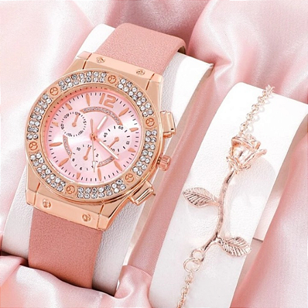 Relógio de quartzo acabamento strass e 1 pulseira