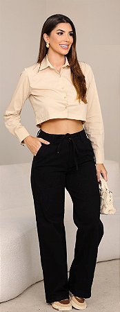 Calça Sarja Wide Leg c/ Cordão e Bolso Faca-Marca Revanche-Cor Preta