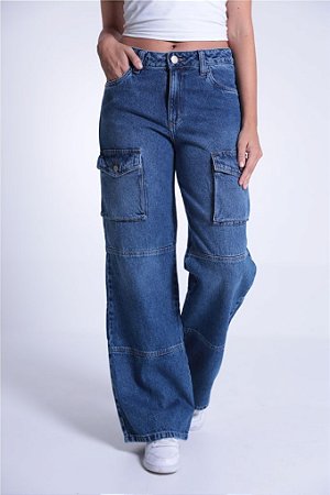 Calça Jeans Wide Leg Bolso Cargo Com Recorte Revanche
