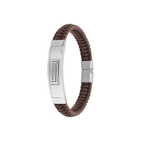 Pulseira Convex de Couro Elite Brown Chapa Grego 21 cm