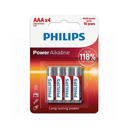 Pilhas Philips Alkaline Power AAA com 4 Pilhas
