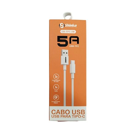 Cabo USB x Type C, para celular, 2 metros, 5A, Shinka - CB-TPC-2M