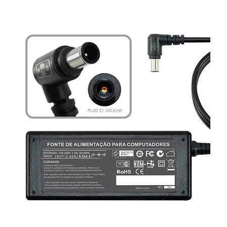 Fonte e Carregador Notebook, LG 19V 3.42A, Pino 6.5mm x 4.4mm