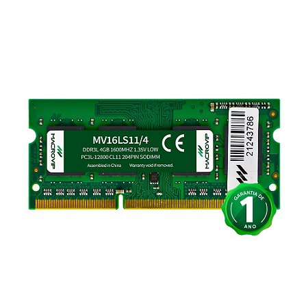 Memória DDR3 4GB, 1600Mhz, 1.35v, Macrovip - Notebook