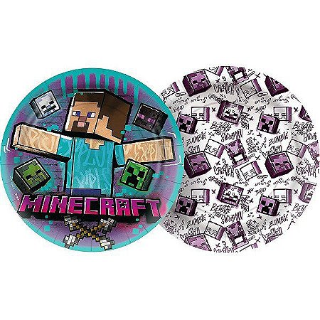 Prato Papel Redondo 18cm - Festa Minecraft Grafite - 12 unidades - Regina - Rizzo