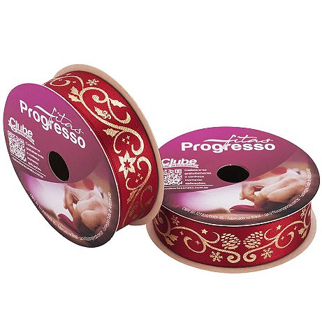 Fita de Cetim ECF005H 22 mm - Cor 874 - Arabesco Natalino - Rolo 10 Metros - 1 unidade - Fitas Progresso - Rizzo