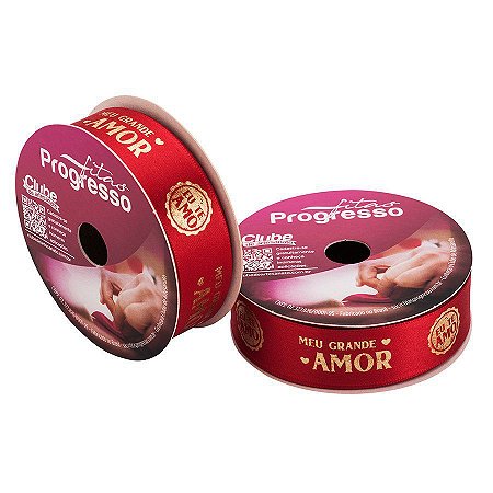 Fita em Cetim "Meu Grande Amor" Vermelho e Dourado - Cor 835 - 10 m x 22 mm - 1 unidade - Fitas Progresso