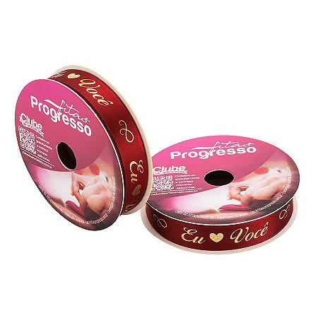 Fita em Cetim "Eu Amo Você" Vermelho e Dourado - Cor 419 - 10 m x 15 mm - 1 unidade - Fitas Progresso
