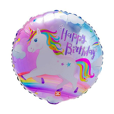 Balão Microfoil Happy Birthday Unicórnio  - 1 unidade - 45cm (18'') - Balões São Roque - Rizzo
