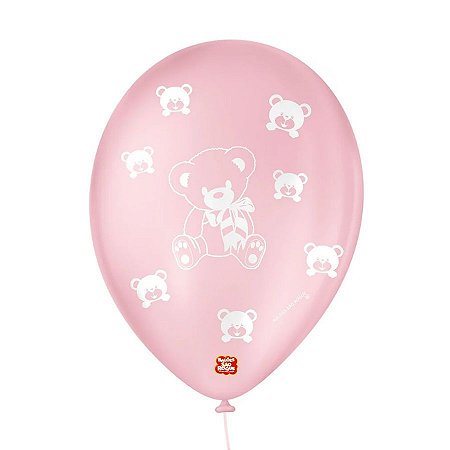 Balão de Festa Decorado Ursinho - Rosa Baby e Branco 9" 23cm - 25 Unidades - Balões São Roque