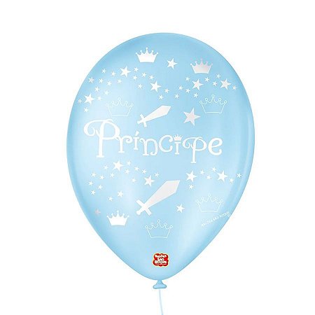 Balão de Festa Decorado Principe - Azul Baby e Branco 9" 23cm - 25 Unidades - Balões São Roque