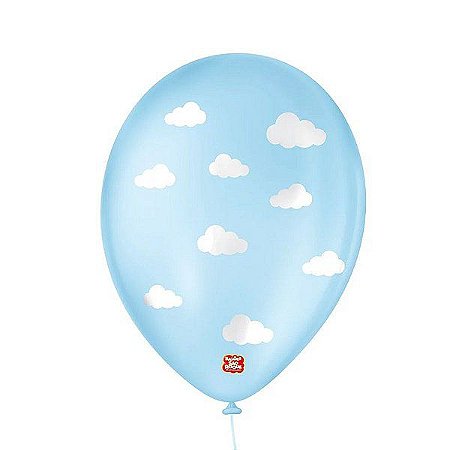 Balão de Festa Decorado Nuvenzinhas - Azul Baby e Branco 9" 23cm - 25 Unidades - Balões São Roque
