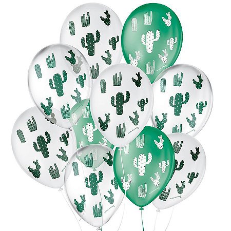 Balão de Festa Decorado Cacto - Branco Verde e Cristal Sortido 9" 23cm - 25 Unidades - Balões São Roque