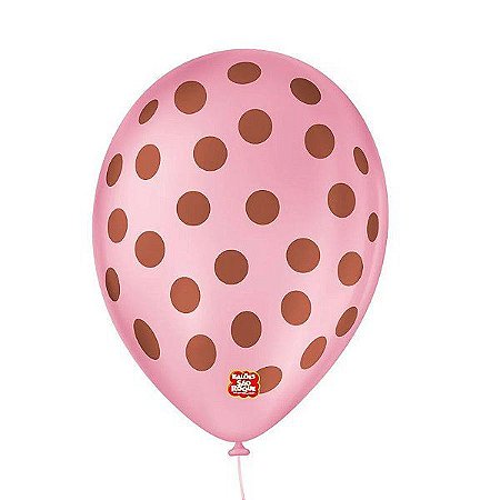 Balão de Festa Decorado Poá Bolinha - Rosa Tutti Frutti e Marrom 9" 23cm - 25 Unidades - Balões São Roque -