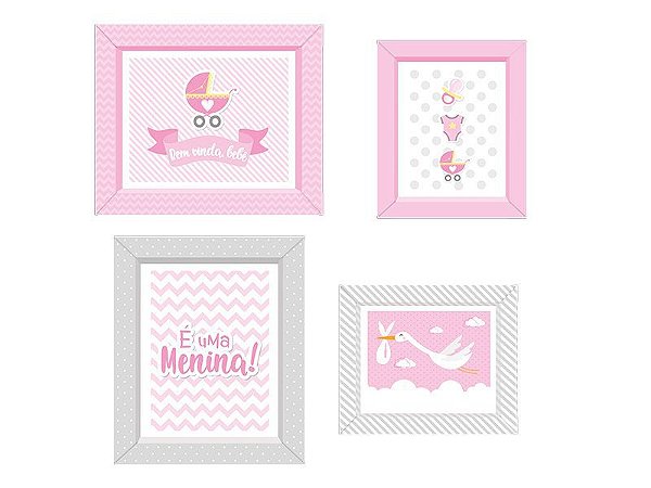 Quadro Decorativo Com Moldura Festa Cha de Bebe Menina 04 Unidades - Regina - Rizzo Festas