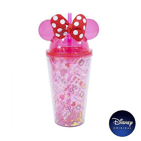 Copo C/ Canudo Minnie Mouse Tampa Orelhinha - 450ml - Disney Original - 01 Un -
