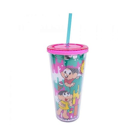 Copo de Acrílico C/ Canudo e Gelo Turma da Mônica - 600ml - 01 Un -