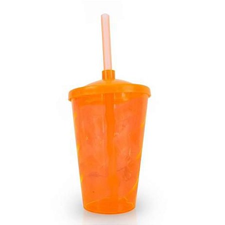 Copo Plástico Shakeira com Tampa e Canudo 400ml - Laranja - 01 Unidade