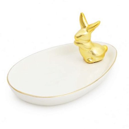 Prato Ovo Cerâmica com Coelho Ouro 5x13x8cm - 01 unidade - Cromus Páscoa - Rizzo Embalagens