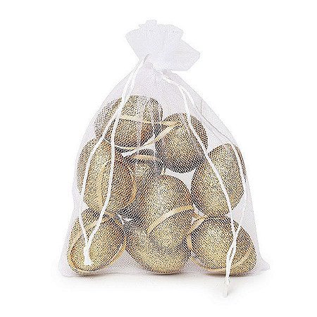Ovo de Páscoa Decorativos no Saquinho Glitter Ouro - 9 unidades - Cromus Páscoa - Rizzo Embalagens