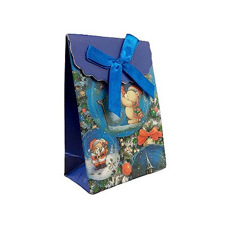 Mini Sacola Lembrancinha Azul Urso Noel - 10cm - 1 UN - Rizzo