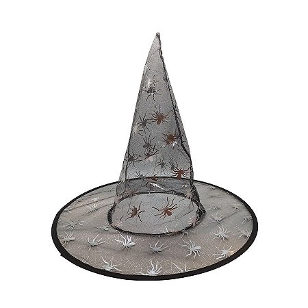 Chapéu de Bruxa Transparente Preto - Aranha Prata - Halloween - 1 unidade - Rizzo
