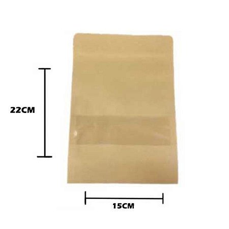 Saco de Papel Kraft com Visor Stand Up Pouch Zip 15x22cm - 50 un - Hermético Fosco p Fora Impermeável p dentro - Rizzo