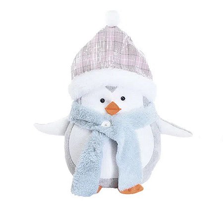 Enfeite de Natal Pinguim Gorro Xadrez Rosa - 40cm  - 1 unidade - Cromus - Rizzo