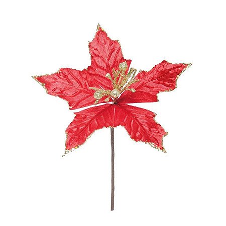 Flor Poinsétia Vermelha Gliter Ouro - 42cm  - 1 unidade - Cromus - Rizzo