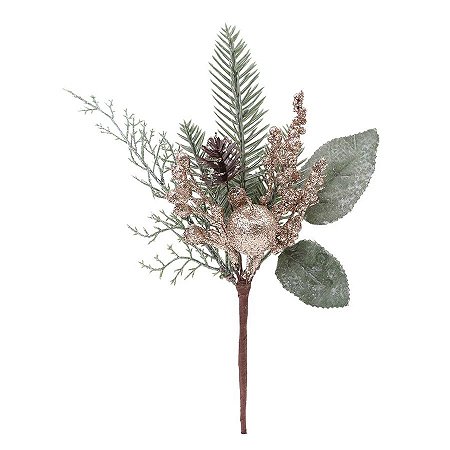 Pick Galho Folhas e Frutas Dourado e Verde - 27cm  - 1 unidade - Cromus - Rizzo