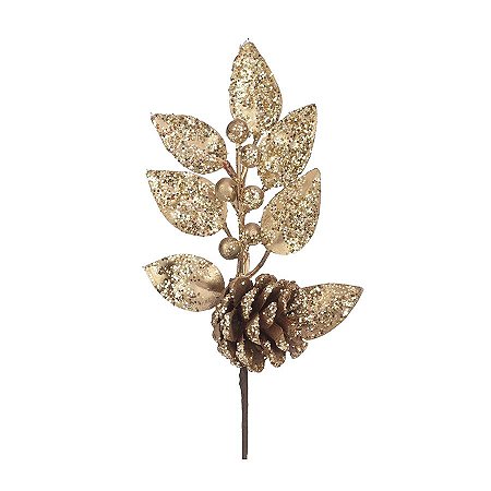 Pick com Frutas, Folhas e Pinha - Dourada com Glitter - Cromus Natal - 1 unidade - Rizzo