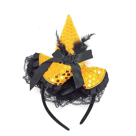 Tiarinha Chapéu de Bruxa Fofo - "Amarelo com Lacinho Preto" - 1 unidade - Rizzo