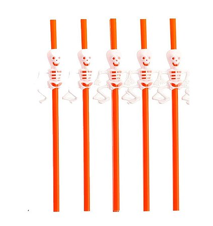 Canudo Decorativo Esqueleto de Halloween Laranja - 5 unidades - Rizzo