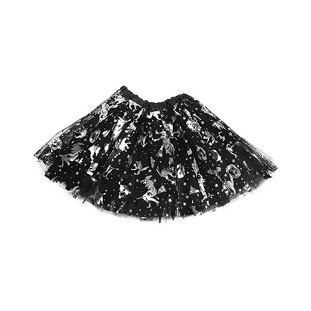 Saia Tule Preta com Estampa Bruxinha Prata - 40cm - 1 unidade - Rizzo