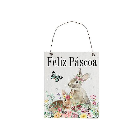 Placa Quadrada de Madeira "Feliz Páscoa" - 1 unidade - Cromus - Rizzo
